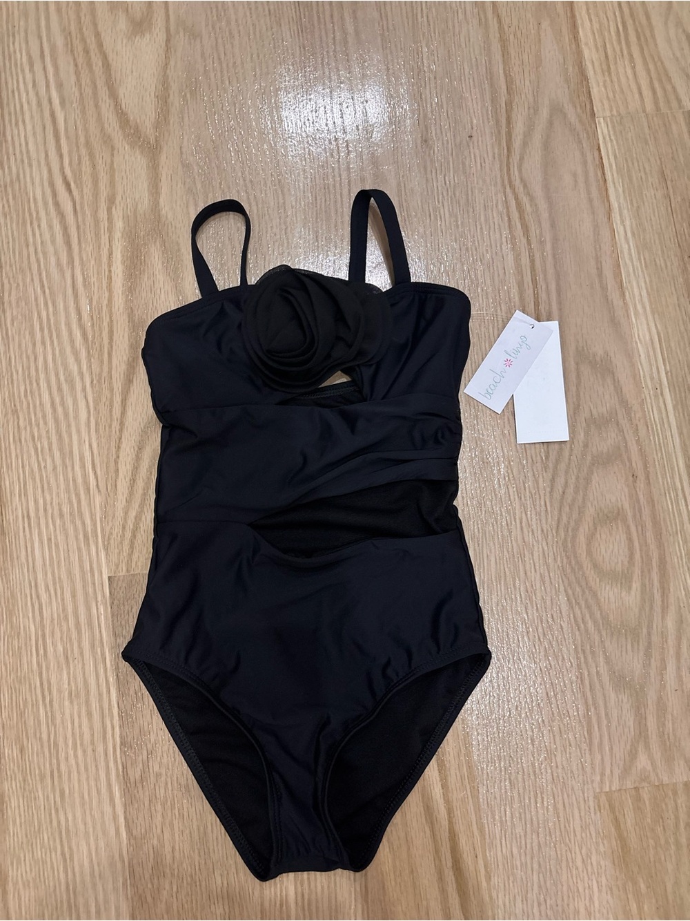 Girls Black One-Piece Swim Bodysuit with Rosette Accent